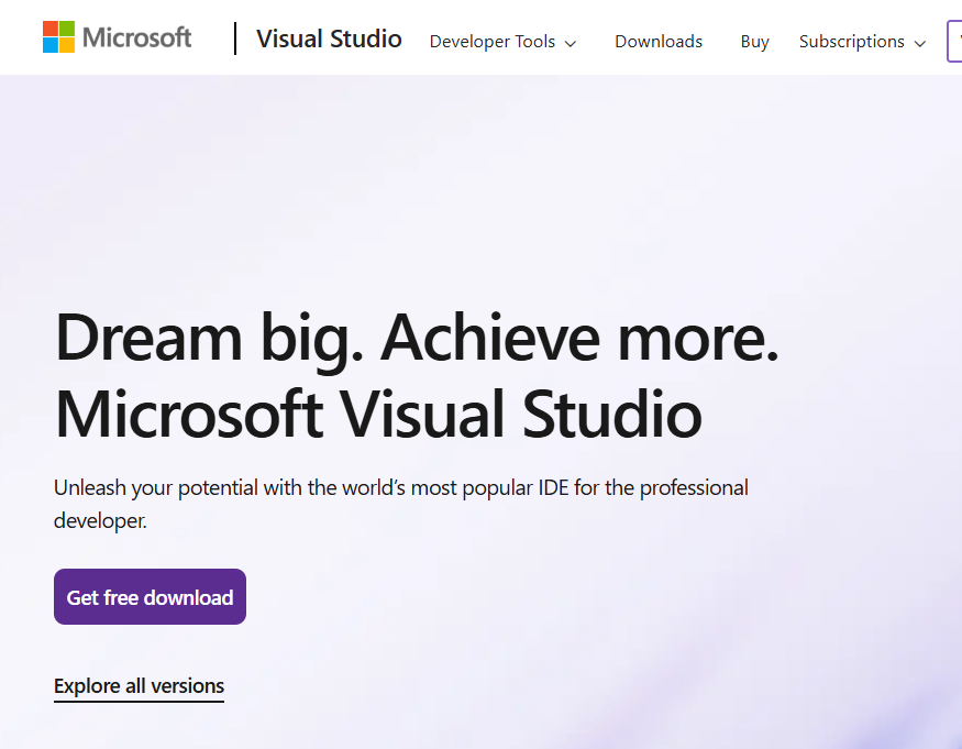 Microsoft Visual Studios homepage screenshot. Displays download button for Microsoft Visual Studios